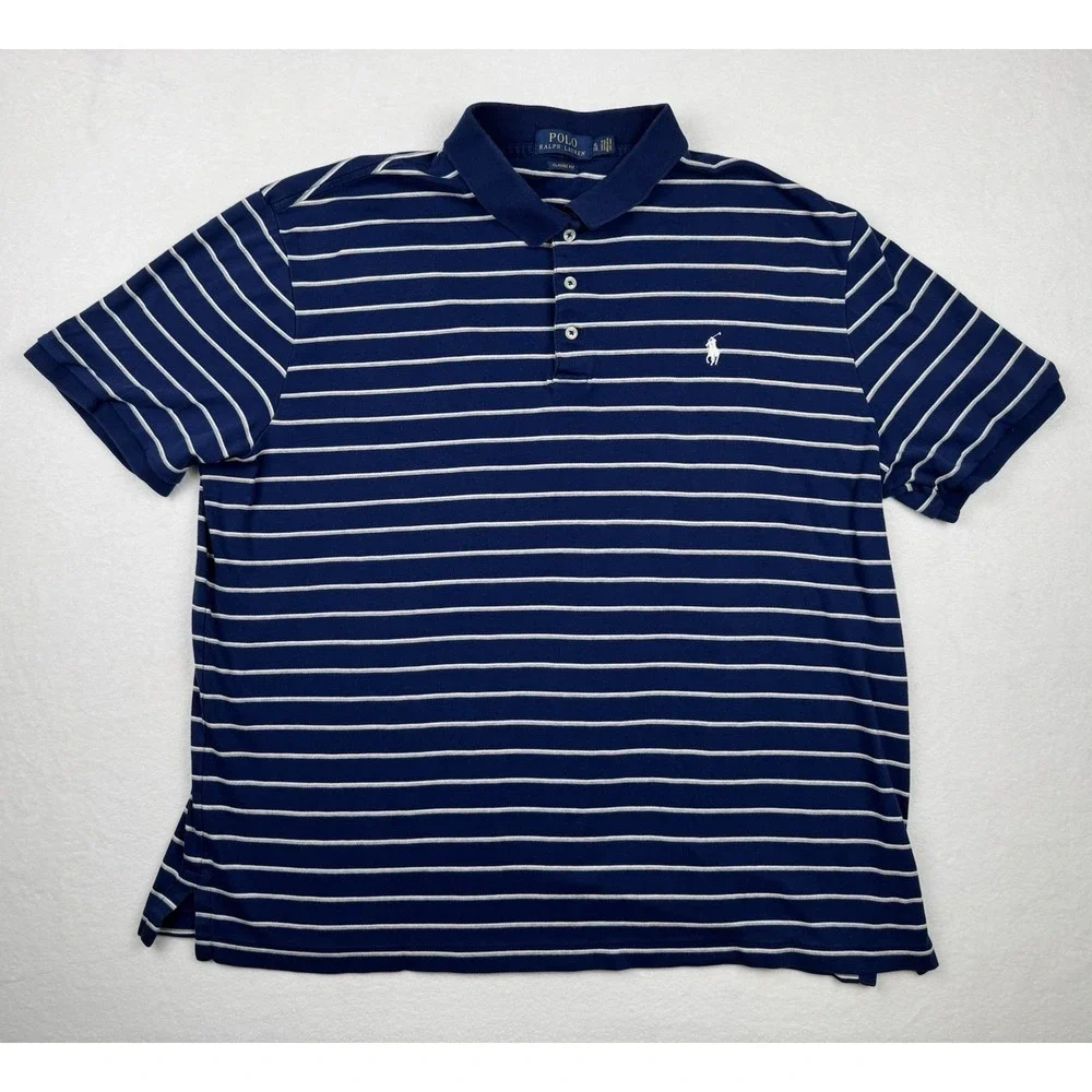 Polo Ralph Lauren Mens XL Blue Striped Polo Shirt Classic Fit Short Sleeve